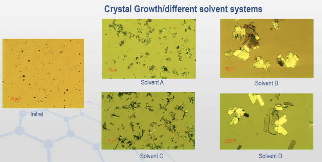 結(jié)晶工藝開(kāi)發(fā)中，通過(guò)晶體生長(zhǎng)實(shí)驗(yàn)，可以觀(guān)察到不同種類(lèi)的溶劑會(huì)對(duì)晶體的大小、形貌產(chǎn)生影響。